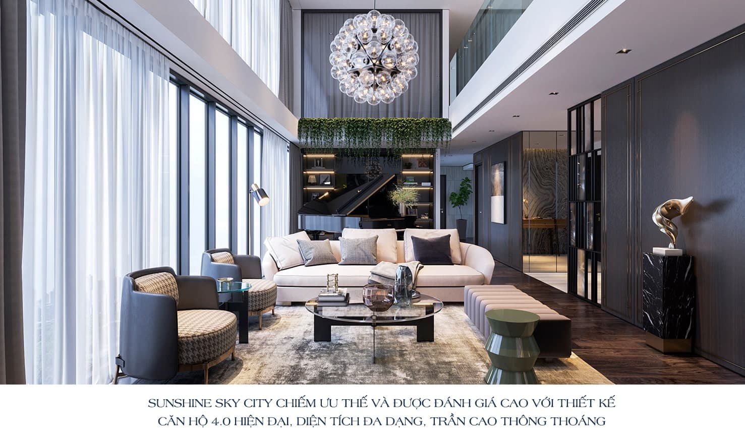Phòng khách căn hộ Sunshine Sky City thiết kế trần cao, nội thất cao cấp
